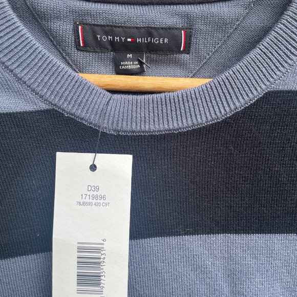 Tommy Hilfiger Blue Black Striped Sweater Mens Medium New Tags - Picture 2 of 3